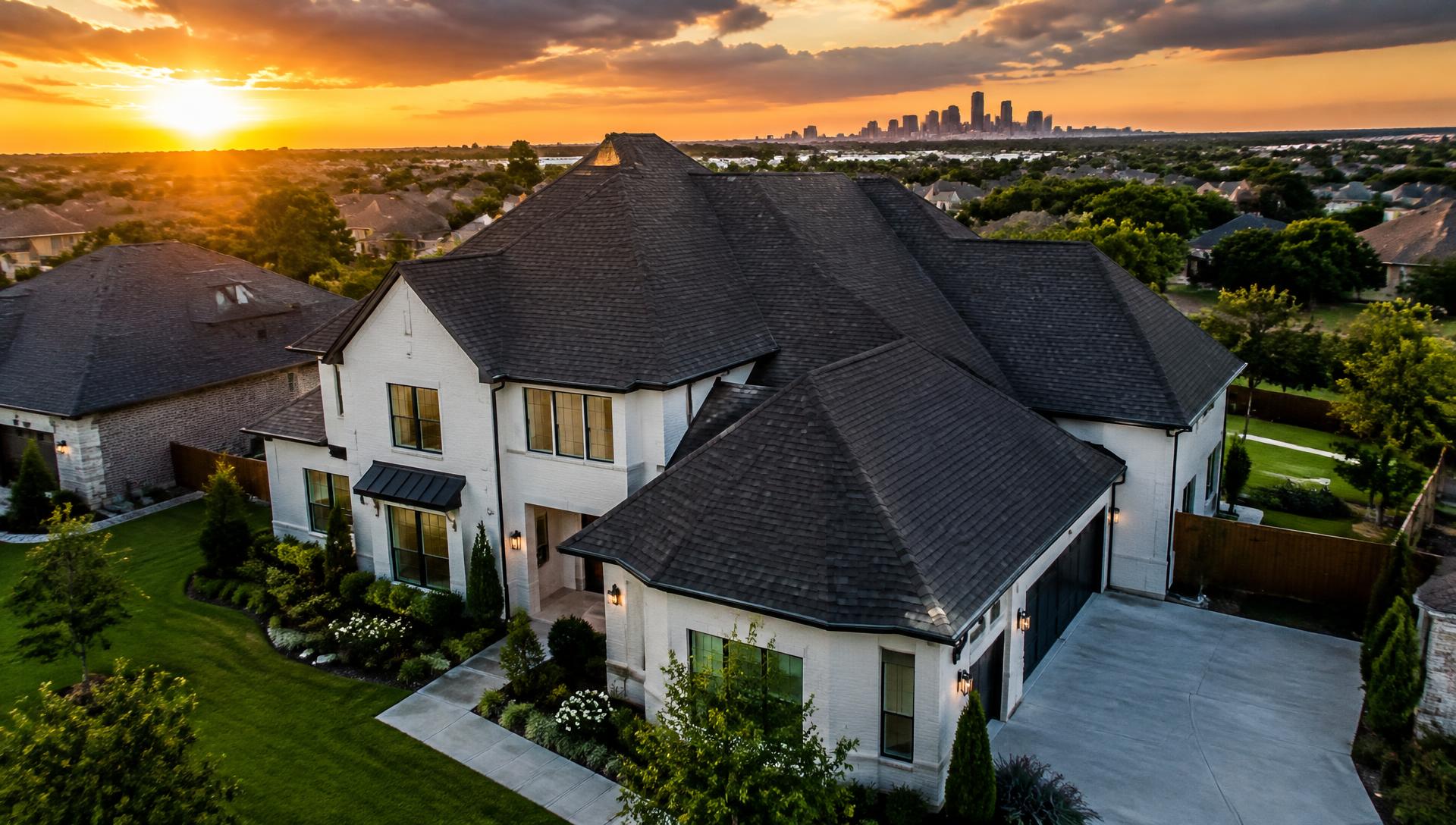 Aerial view of a new A Plus roof in Houston